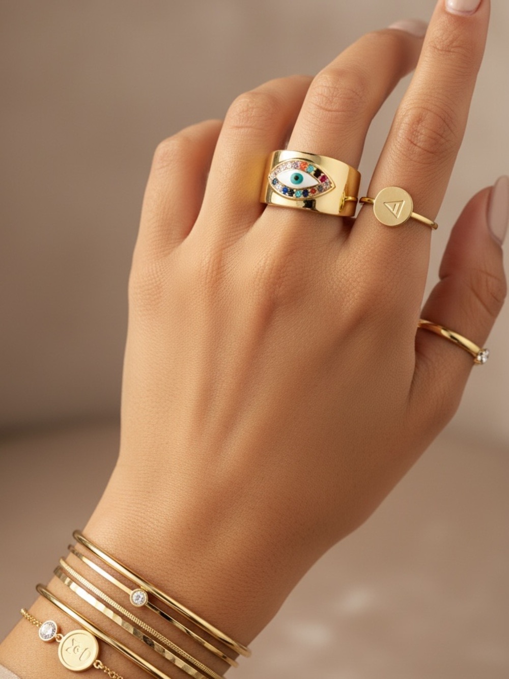 18k Gold Plated Multicolour CZ Eye Adjustable Band Ring. New.